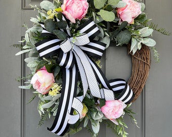 Shabby Chic Wreath, Year Round Designer Wreath with Peonies, Year Round Floral Wreath, Black White and Pink Wreath, Everyday Peony Wreath