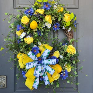 Lemon Blueberry Wreath, Summer Lemon Blueberry Wreath, Lemon Blueberry Floral Wreath, Lemon Home Decor, Blueberry Home Decor