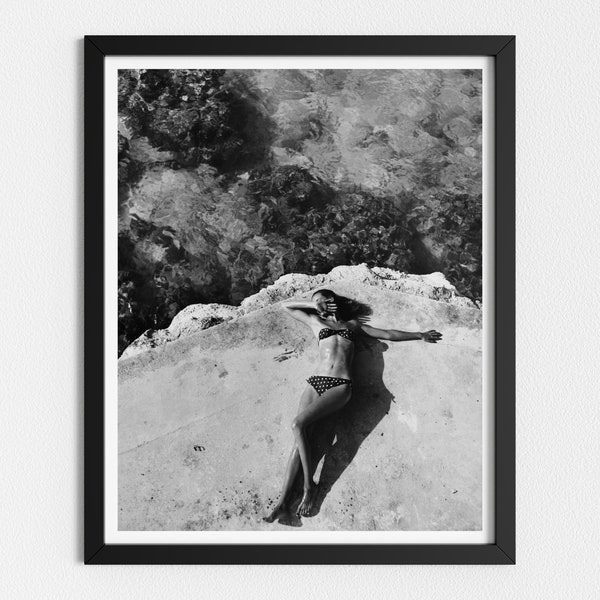 Vintage Photo Printable | Woman Tanning in Bikini | Ocean Photography | Black and White Art | Downloadable Prints