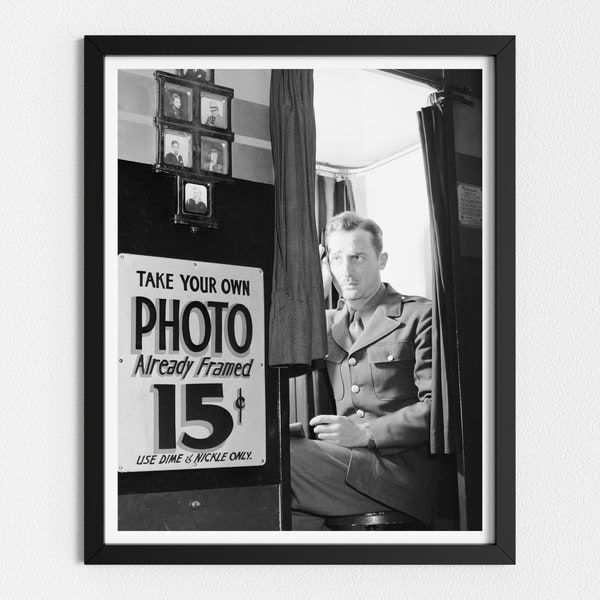 Vintage Photo Printable | Man in Photo Booth | Retro Photography | Black and White Art | Vintage Machines | Downloadable Prints