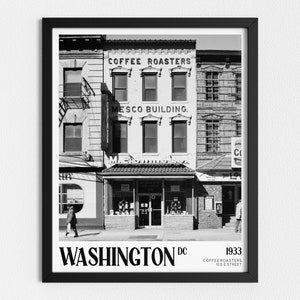 May include: Black and white photograph of a building in Washington, D.C. with the text "COFFEE ROASTERS" and "MESCO BUILDING." above the storefront. The text "WASHINGTON DC" and "1933" are at the bottom of the image.