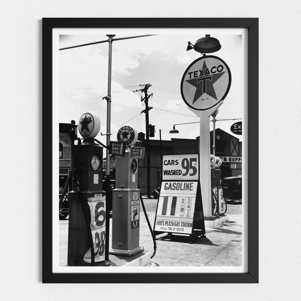 Vintage Foto zum Ausdrucken | Texaco Tankstelle | Schwarz-Weiß-Kunst | Herunterladbare Drucke