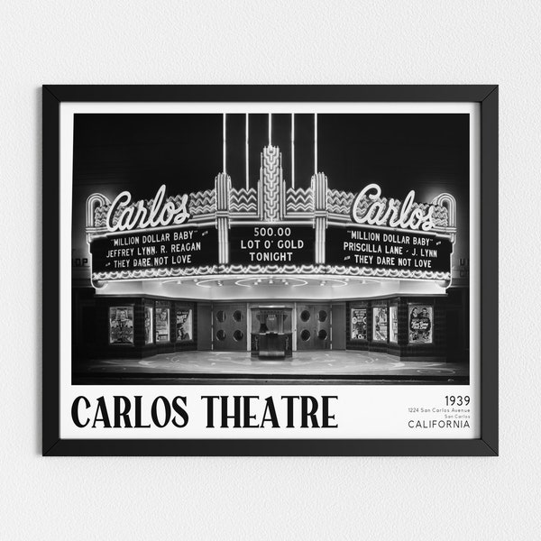 Vintage Photo Printable | Movie Theatre at Night | Retro Black and White Art | Architecture Print | Downloadable Prints