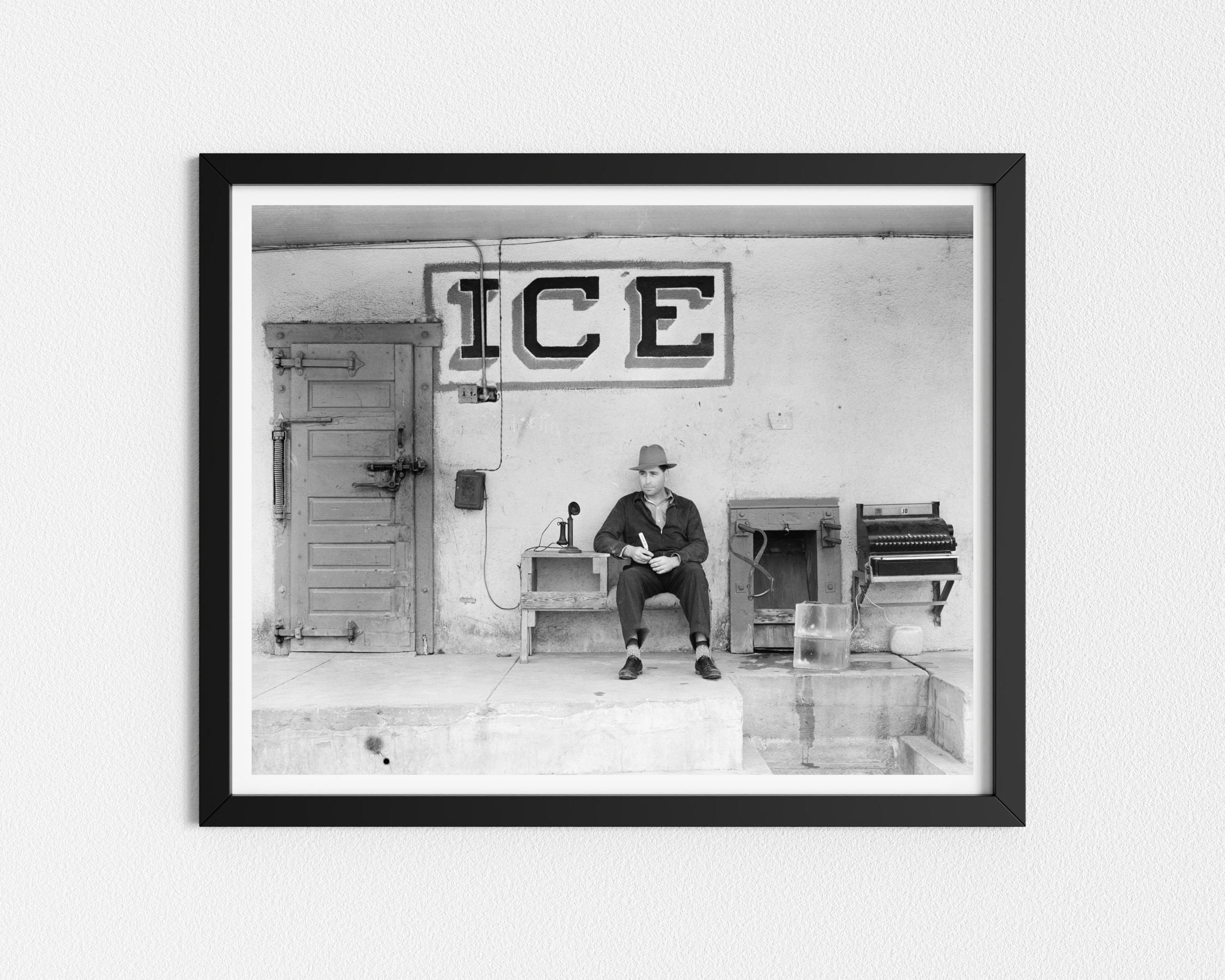 Vintage Photo Printable | Man Selling Ice | Retro Photography | Black and White Art | Storefront Photo | Downloadable Prints