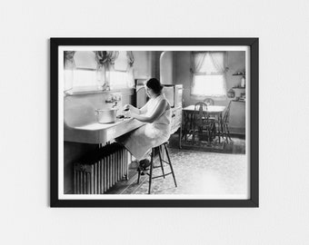 Vintage Photo Printable | Woman Peeling Potatoes in Kitchen | Old Photos | Black and White Art | Downloadable Prints