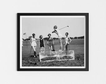 Vintage Photo Printable | Golf in Swimsuits | Vintage Sports Decor | Black and White Art | Downloadable Prints