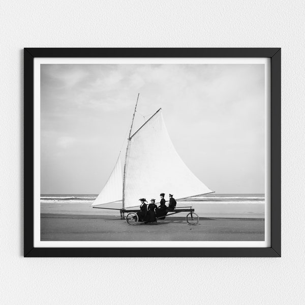 Vintage Photo Printable | Sailing on the Beach | Coastal Wall Art | Victorian Black and White Art | Downloadable Prints
