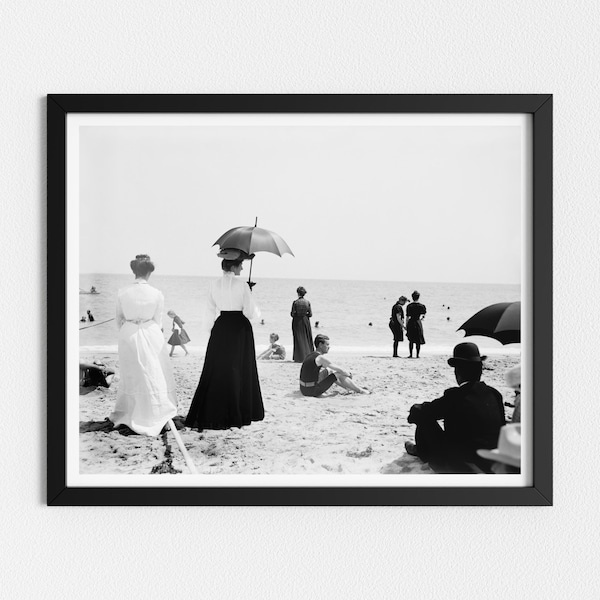 Vintage Photo Printable | Woman with Umbrella | Victorian Beach Photo | Black and White Art | Downloadable Prints