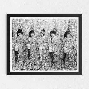 May include: Five women in black hats and dresses pose in a pile of shredded paper. They are all smiling and looking at the camera.