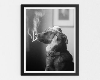 Vintage Photo Printable | Dog Smoking a Cigarette | Funny Vintage Animal  Photo | Black and White Art | Downloadable Prints