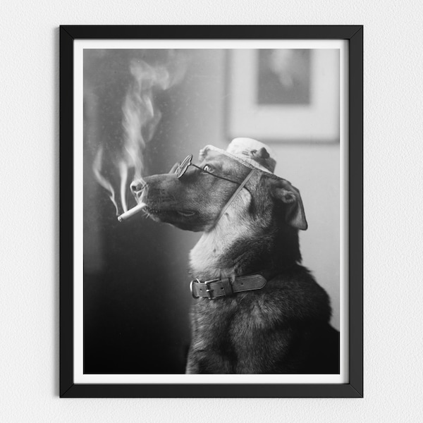 Vintage Photo Printable | Dog Smoking a Cigarette | Funny Vintage Animal Photo | Black and White Art | Downloadable Prints