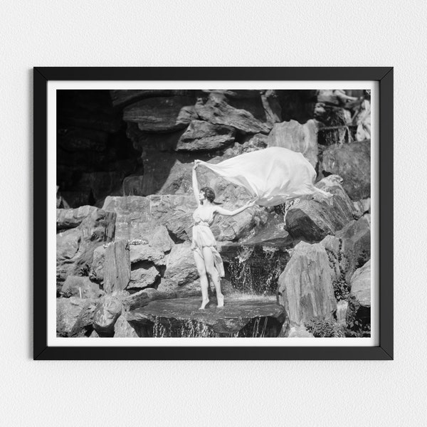 Vintage Photo Printable | Woman Dancing in Nature | Black and White Waterfall Art | Bedroom Wall Art | Downloadable Prints