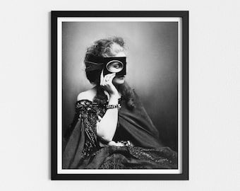 Vintage Photo Printable | Tajemniczy portret zamaskowanej kobiety | Czarno-biała sztuka | Zdjęcie wiktoriańskie | Wydruki do pobrania