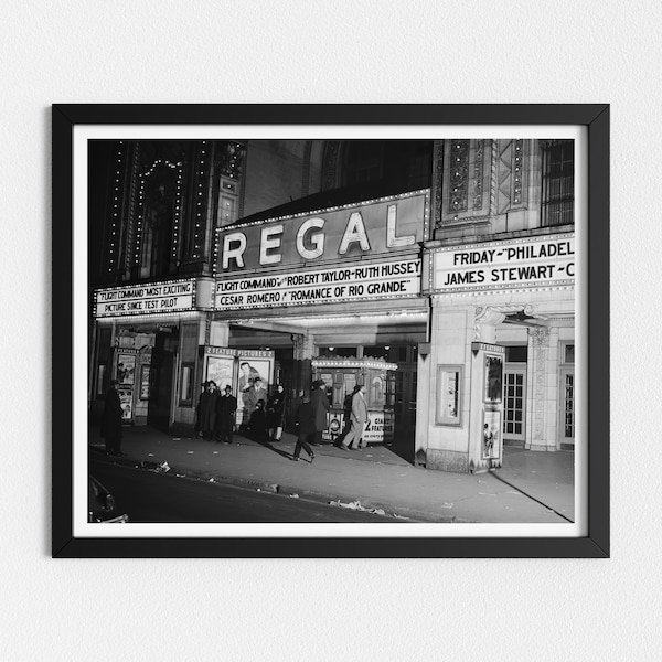 Vintage Photo Printable | Regal Movie Theater at Night | Vintage Chicago Photography | Black and White Art | Downloadable Prints