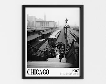 Foto d'epoca stampabile / Chicago Union Station / City Wall Art / Arte in bianco e nero / Vecchi treni / Stampe scaricabili