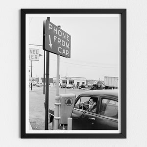 Vintage Photo Printable | 1950s Drive-In Telephone | Black and White Art | Vintage Car Print | Downloadable Prints