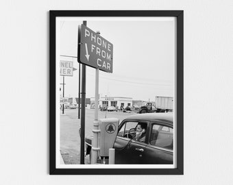 Vintage Photo Printable | 1950s Drive-In Telephone | Black and White Art | Vintage Car Print | Downloadable Prints