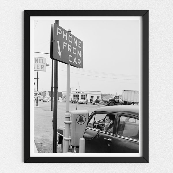 Vintage Photo Printable | 1950s Drive-In Telephone | Black and White Art | Vintage Car Print | Downloadable Prints