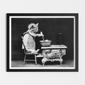 Vintage Photo Printable | Cute Kitten Cooking | Vintage Kitchen Wall Decor | Black and White Art | Downloadable Prints