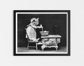 May include: A black and white photograph of a cat wearing a checkered apron and stirring a bowl of food on a small stove.