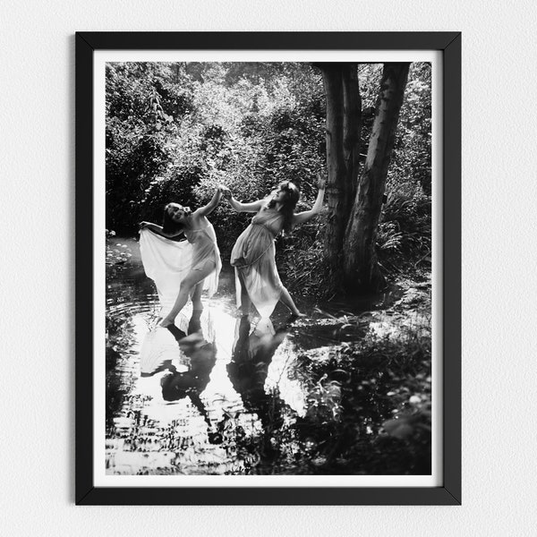 Vintage Photo Printable | Beautiful Women Dancing in Forest | Black and White Art | Bedroom Wall Art | Downloadable Prints