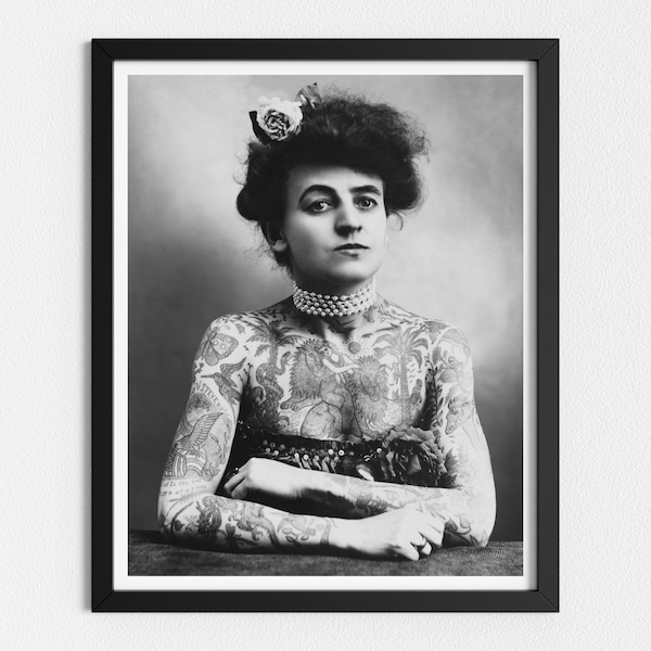 Vintage Photo Printable | Beautiful Tattooed Woman | Black and White Art | Maud Wagner | Vintage Wall Art | Downloadable Prints