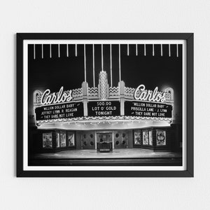 Vintage Photo Printable | Carlos Movie Theatre at Night | Retro Black and White Art | Architecture Print | Downloadable Prints