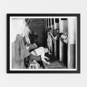 Vintage Photo Printable | Men Having a Shower | Bathroom Art | Black and White Art | Vintage Bathhouse | Downloadable Prints