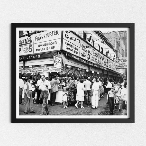 photo vintage imprimable | Les célèbres hot-dogs de Nathan | Art noir et blanc | Coney Island Brooklyn | Impressions téléchargeables