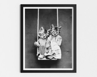 Vintage Photo Printable | Cute Kittens on a Swing | Funny Vintage Animal Photo | Black and White Art | Downloadable Prints