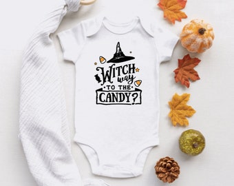 Witch way to the candy onesie | Halloween onesie | Halloween baby | Halloween custom onesie | Funny Halloween onesie | Funny baby onesie |