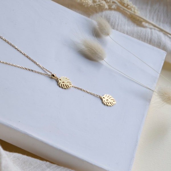Double Leaf Necklace, 14K Gold Leaf Necklace, Gold Monstera Chain, Quality Charm Necklaces, Gift for Girlfriend, Shiny Birthday Gift for Her