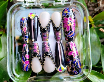 Midnight Bloom | Press On Nails | Handmade | Black Floral Raindrop Coffin Nails | Rhinestone Nail Set