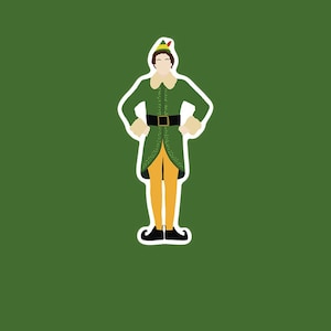 Może przedstawiać: Naklejka przedstawiająca kreskówkową ilustrację postaci w zielonym kostiumie elfa z białym kołnierzem i mankietami, żółtymi spodniami oraz czarnym paskiem i butami. Postać stoi z rękami na biodrach na zielonym tle.