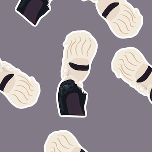 May include: A repeating pattern of a woman wearing a black and purple dress with a white wig and a blindfold. The background is a light purple.