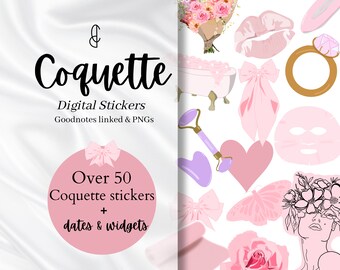 Coquette Digital Sticker book for Goodnotes, pre-cropped coquette stickers, bow washi tape, pre-cropped goodnotes stickers