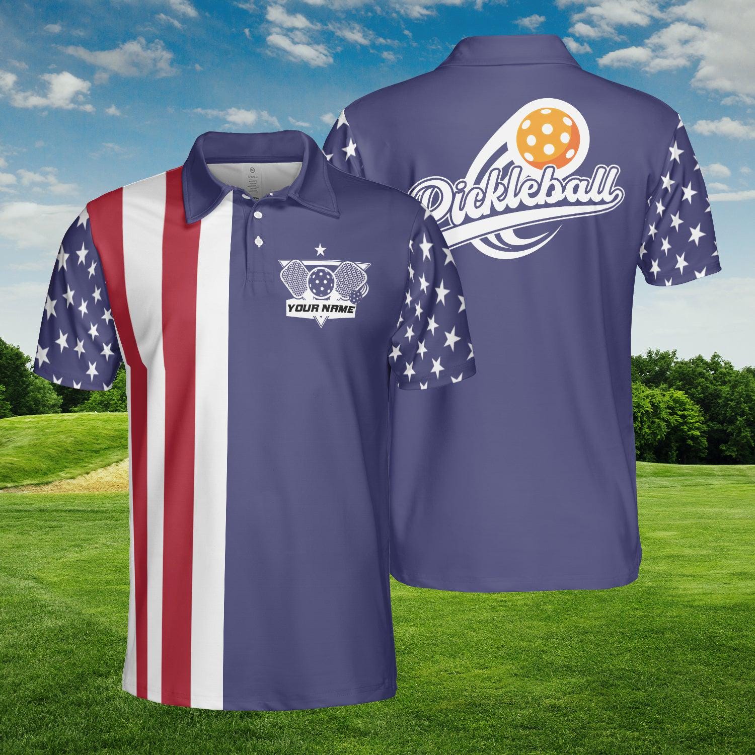 Discover Pickleball Polo Shirt, Patriotic American Flag Print, Custom Name, Navy Blue Player Apparel