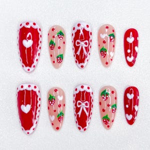 Sweet Cherry and Heart Nail Set, Cute Red and White Designs, Strawberry, Bow, and Polka Dot Art, Fun & Playful Press-On Nails, Spring Vibes
