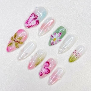 Beautiful Orchid Nail Set, Floral Press-On Nails, Elegant Flower Design, 3D Nail Art, Botanical Nails, Pink White Green, Custom Manicure