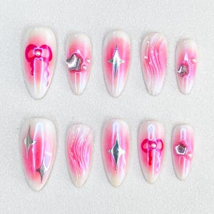 Pink Chrome Nails, Iridescent Gradient, Silver Star, Hot Pink Bow, 3D Jelly Texture, Y2K Kawaii Vibe, Handmade Press On Nails, Cute Nail Set