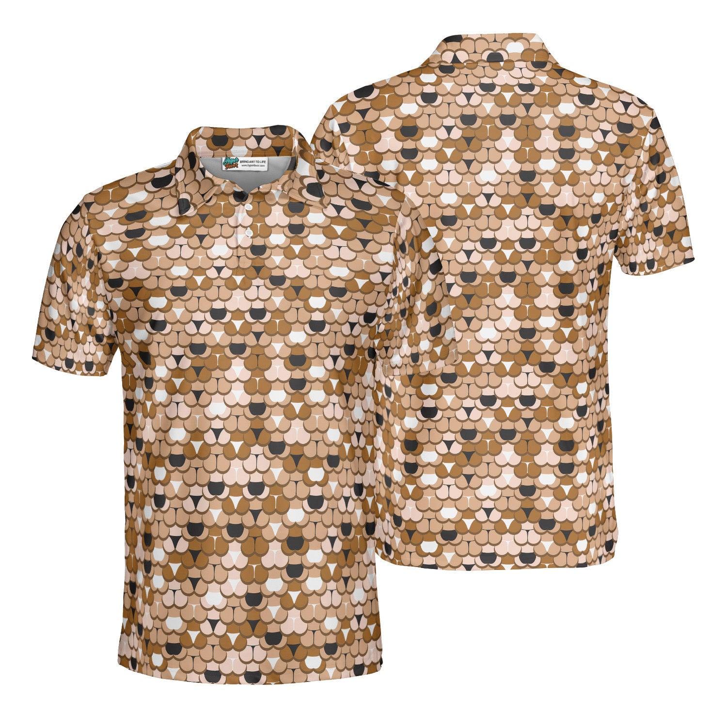 Discover Abstract Butt Pattern Polo Shirt, Cheeky Booty Print, Tan Neutral AOP Mens Golf Polo
