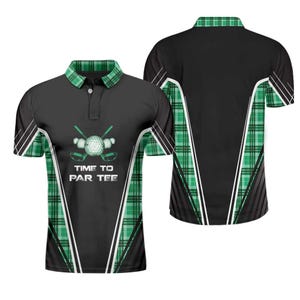 May include: Black polo shirt with green plaid accents and the text "TIME TO PAR TEE". The shirt features a golf ball and club graphic. The back of the shirt is black with green and white accents.