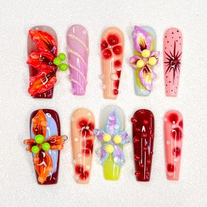 Bold 3D Floral Nails, Jelly Texture, Bright Mixed Colors, Artistic Handmade Design, Funky Press On Nails, Y2K Aesthetic Nail Art Set