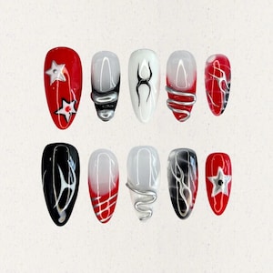 Red Black White Nails, Star, Chrome, Flame, Grunge Y2K, Edgy Abstract Design, Handmade Press On Nails, Alt Girl Aesthetic Nail Set