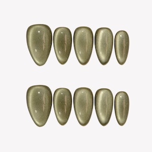 Olive Green Cat Eye Press On Nails, Glossy Almond Shape, Magnetic Shimmer Effect, Reusable False Nails, Elegant Minimalist Nail Set