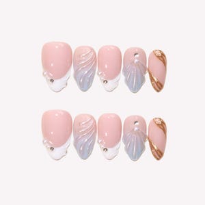 Seashell Pearl Press-On Nails, Pearl & Pink Ocean Waves, Mermaidcore Aesthetic, Coastal Cowgirl, Beach Wedding, Summer Fake Nails