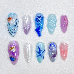 Whimsical Ocean Nail Set, 3D Jellyfish, Starfish, Seashells, Mermaid Press-On Nails, Pearl & Glitter Accent, Under the Sea Nails