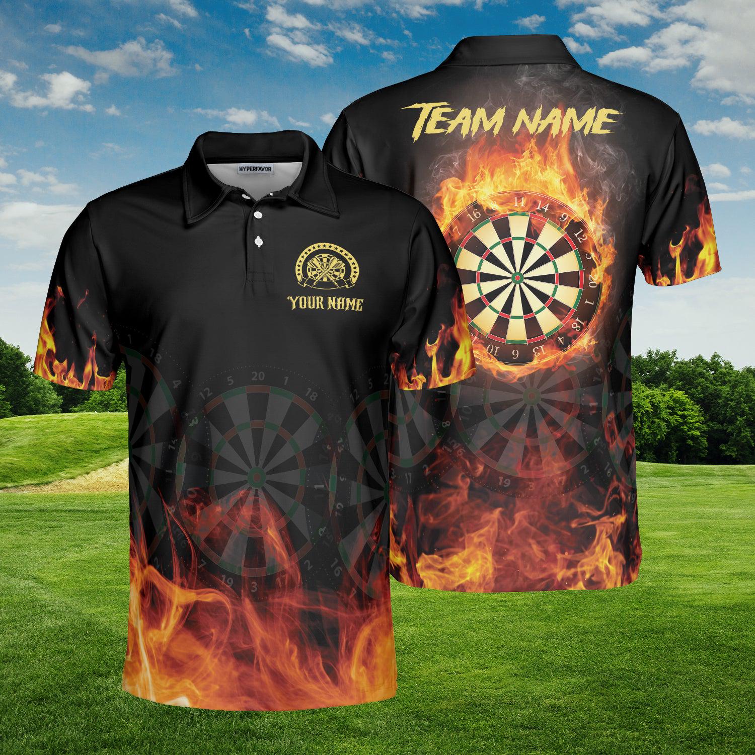 Discover Darts Polo Shirt, Fire Flame Print, Custom Team Name, Intense Dartboard Design