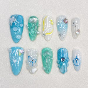 Deep Sea Jellyfish Nail Set, Ocean Theme Press-On Nails, 3D Jellyfish Nail Art, Aquatic Nails, Starfish Charms, Mermaid Nails, Ombre