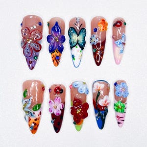 Garden Bloom Nails, 3D Floral, Butterfly, Ladybug, Colorful Nature Design, Handmade Press On Nails, Spring Summer Nail Art, Whimsical Set